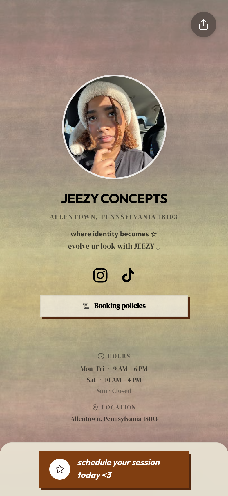 jeezyconcepts, a real Besmi booking page