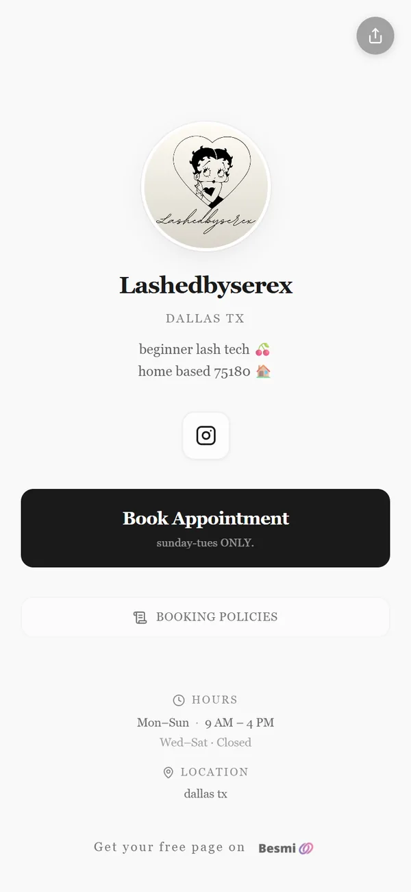 lashedbyserex, a real Besmi booking page
