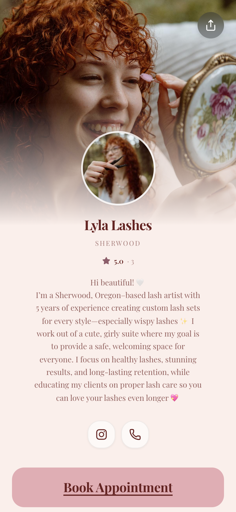 lylalashes, a real Besmi booking page