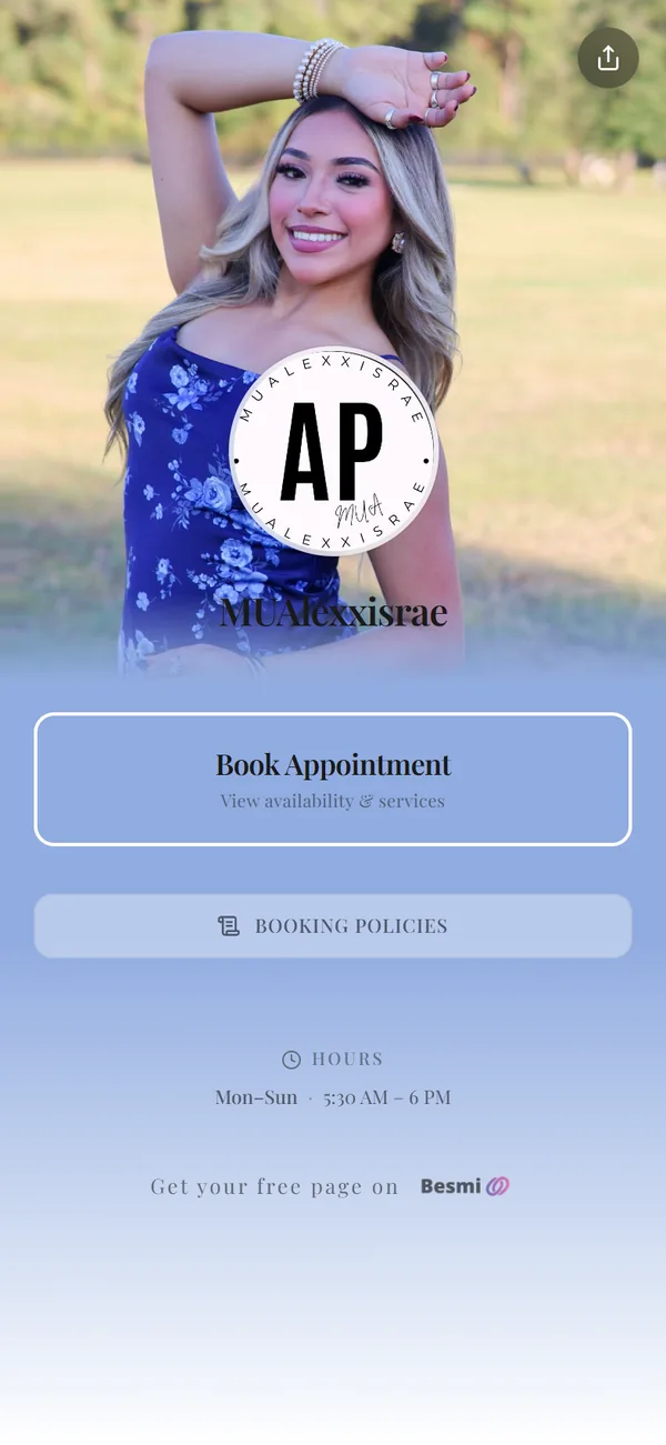 mualexxisrae, a real Besmi booking page
